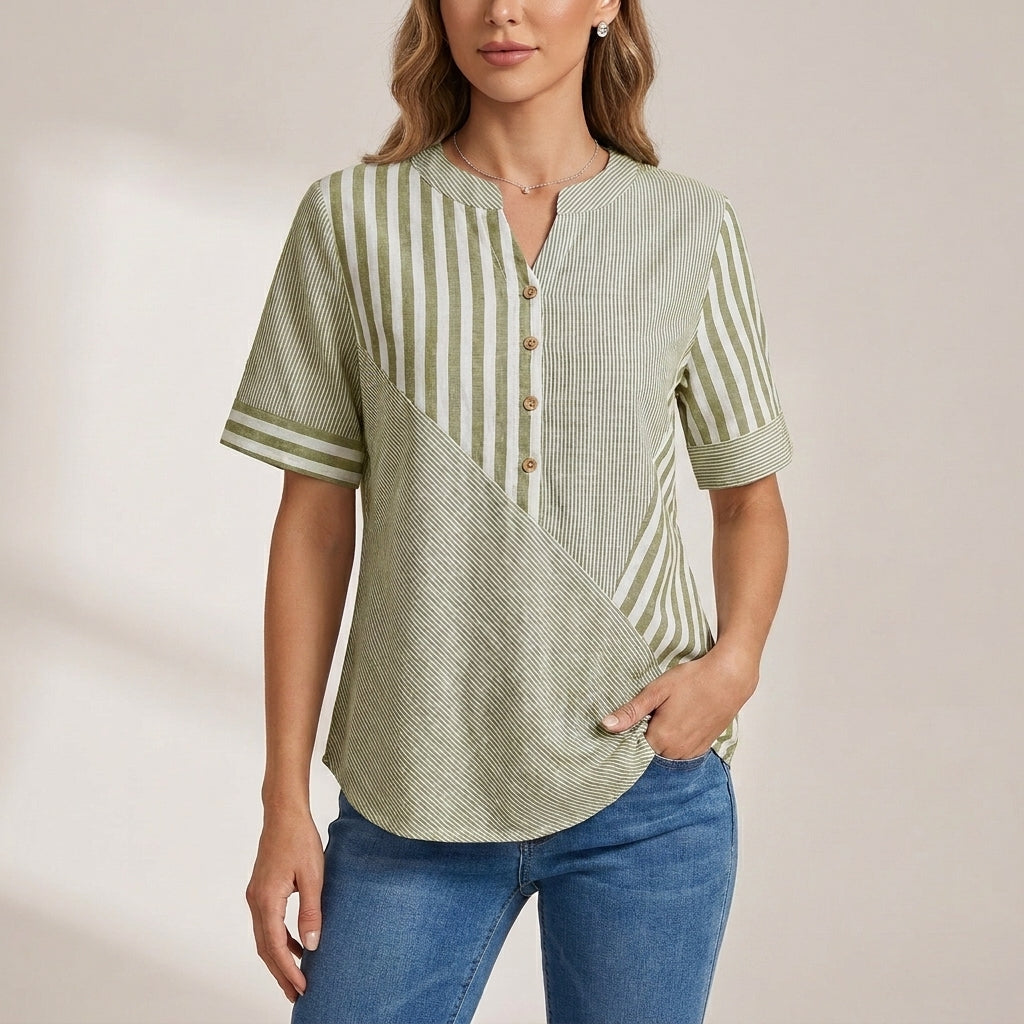 Relaxed Fit Blouse with Asymmetrical Seam and Stand Collar