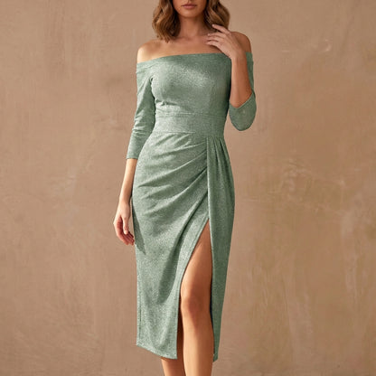 Off-Shoulder Ruched Knit Midi Dress with Elegant High Slit
