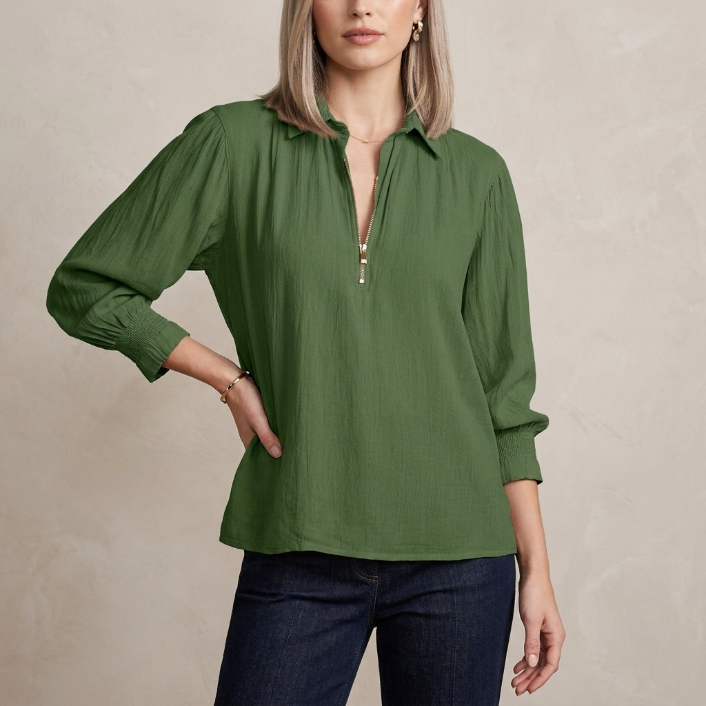 Relaxed Fit Half-Zip Pullover Blouse with Gathered Shoulders