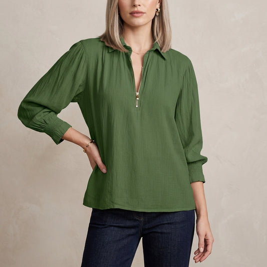 Relaxed Fit Half-Zip Pullover Blouse with Gathered Shoulders