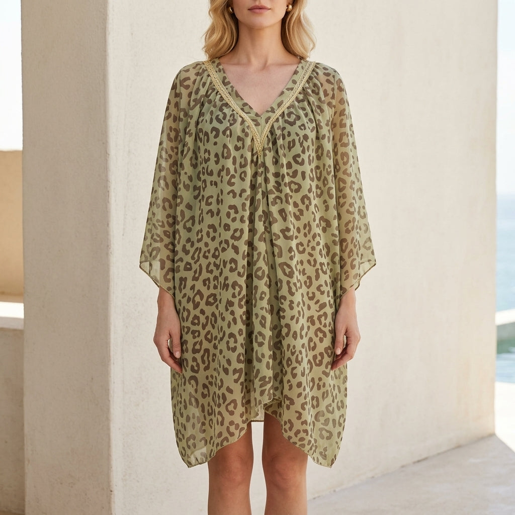 Leopard Print Oversized Kaftan Dress with Embellished V-Neck