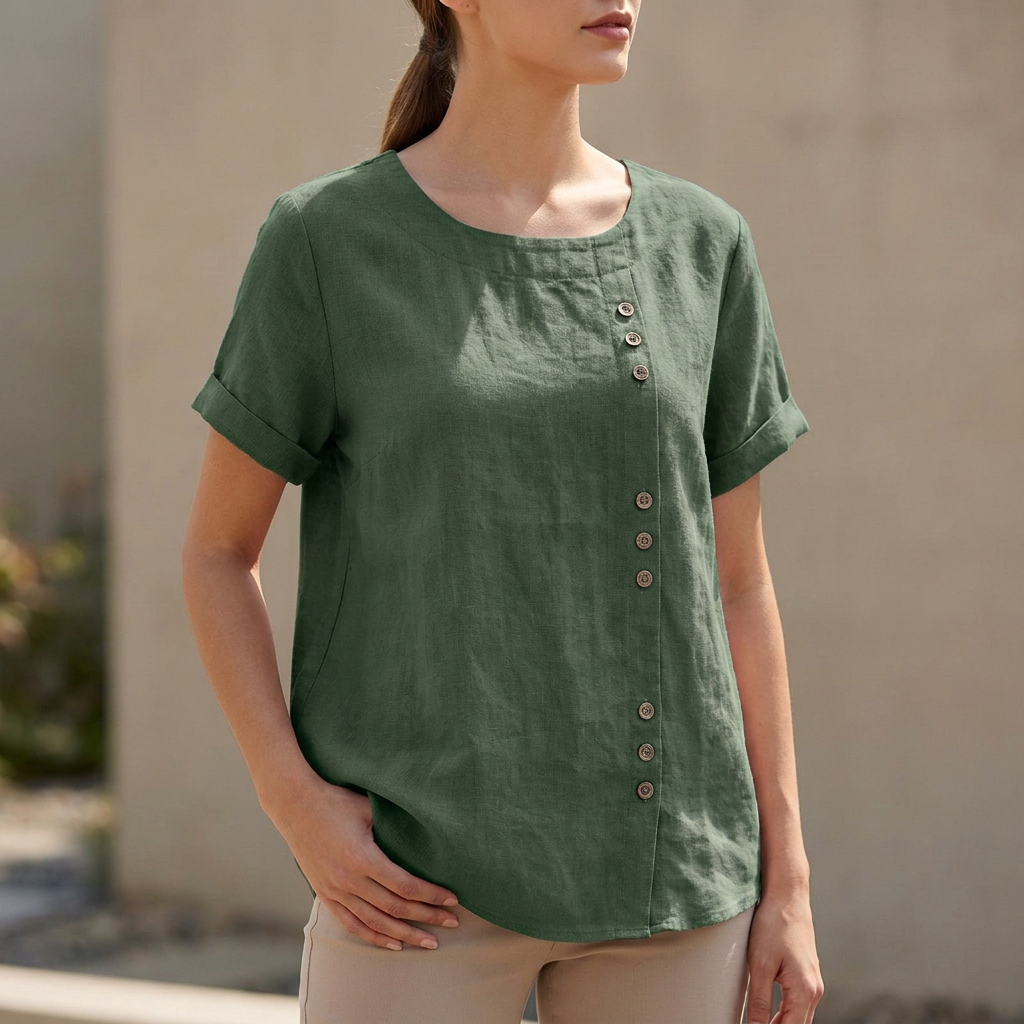 Relaxed Short Sleeve Blouse with Asymmetric Button Detail