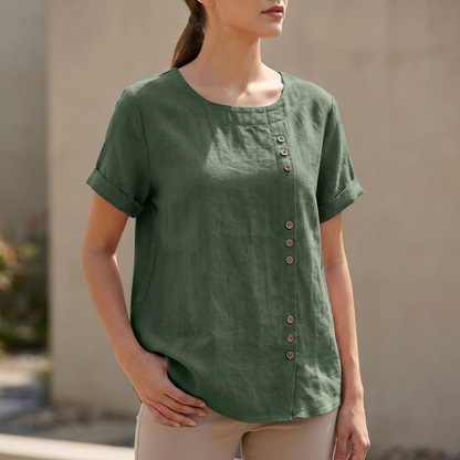 Relaxed Short Sleeve Blouse with Asymmetric Button Detail
