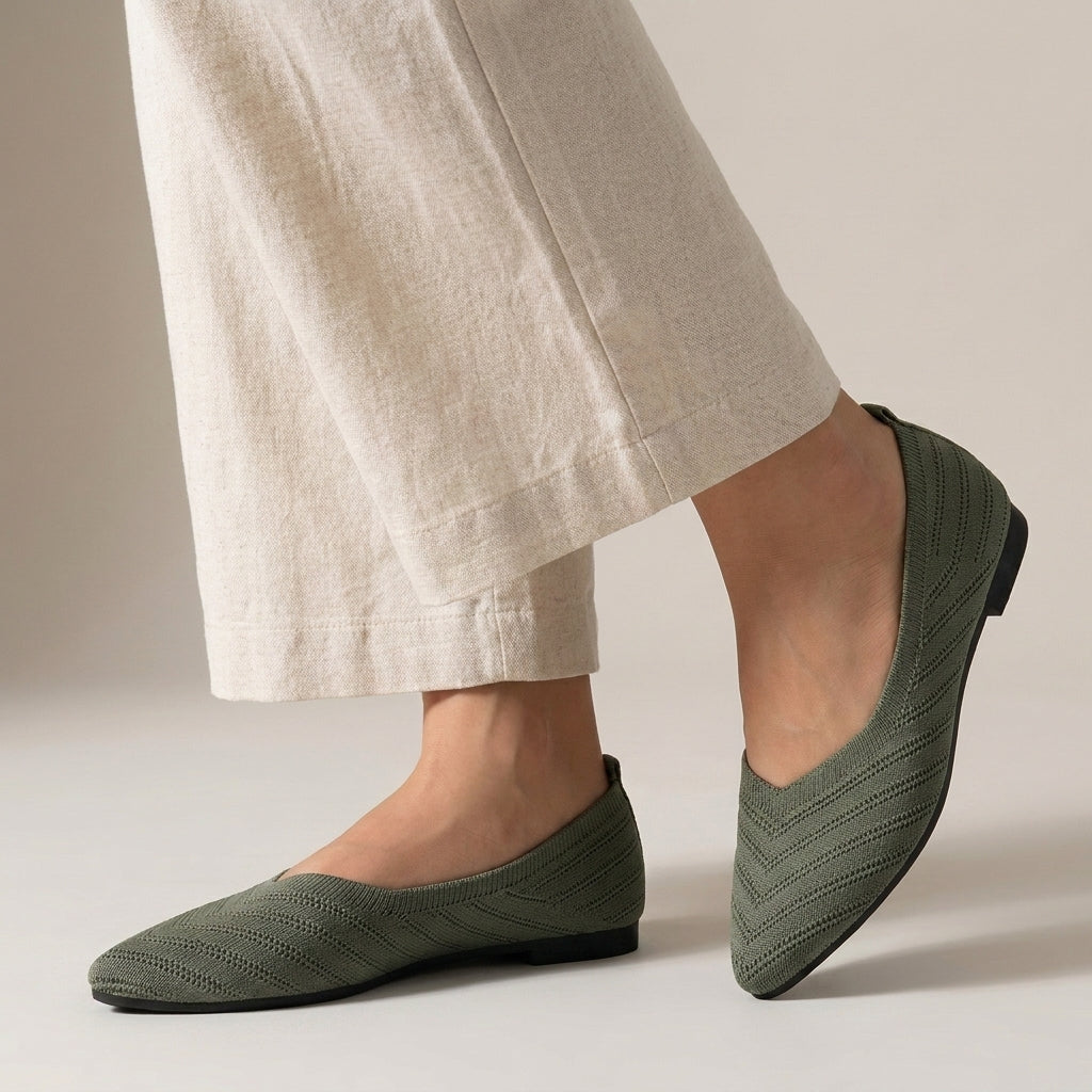 Ribbed Knit Pointed-Toe Flats with V-Cut Silhouette