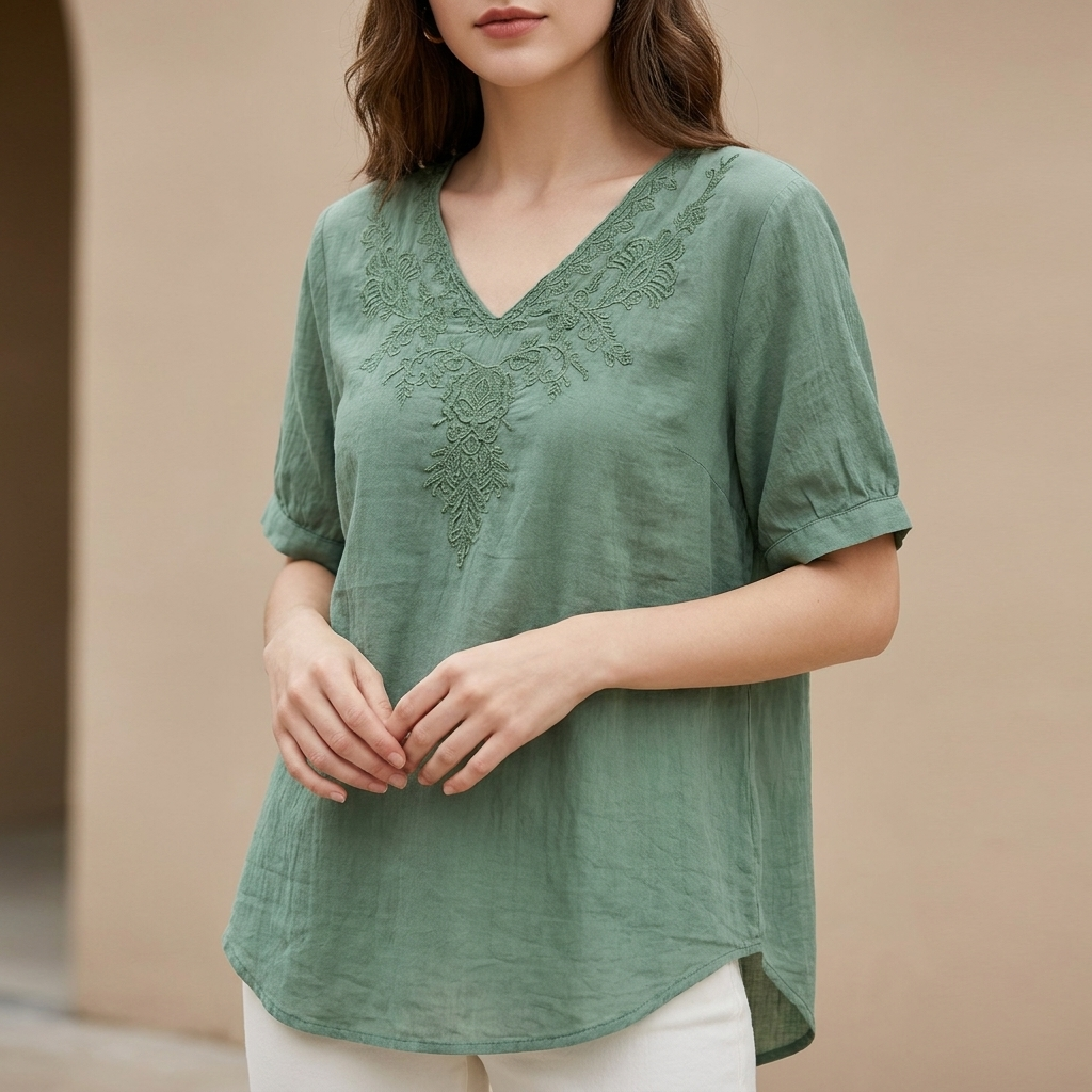 Embroidered V-Neck Blouse with Textured High-Low Hem and Soft Draping