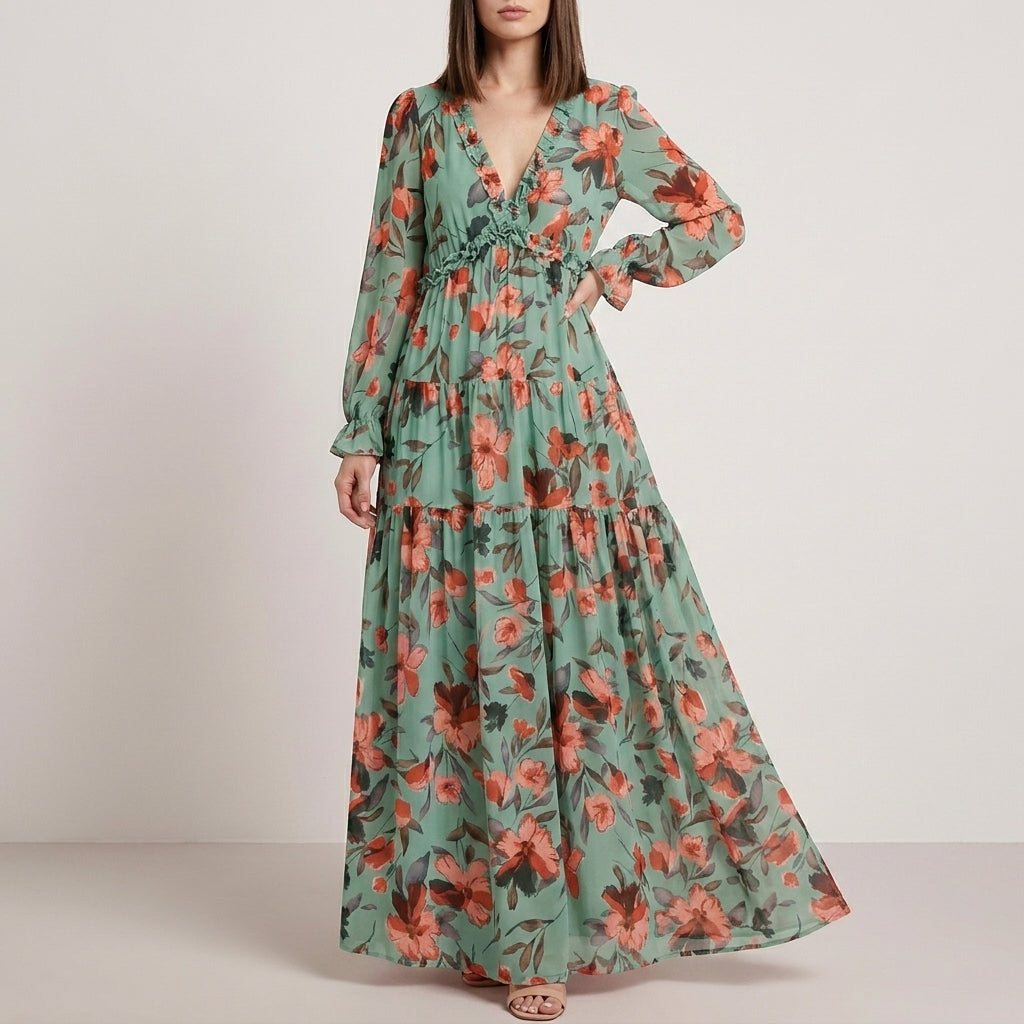Romantic Floral Tiered Maxi Dress with Smocked Waist Detail