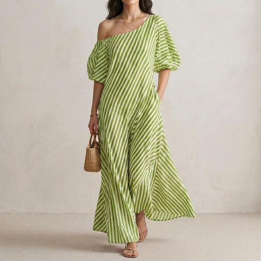 Striped One-Shoulder Maxi Dress with Relaxed Coastal Flow Silhouette