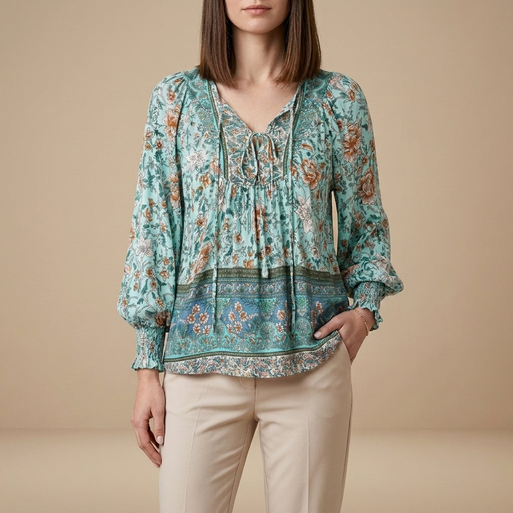 Bohemian Floral Patchwork Peasant Blouse with Tassel Tie Neck
