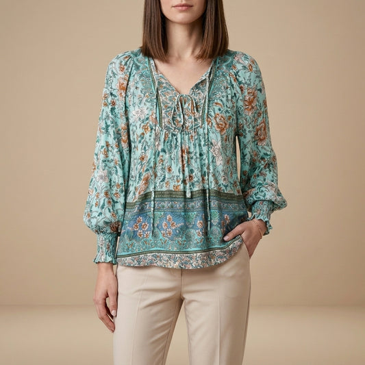 Bohemian Floral Patchwork Peasant Blouse with Tassel Tie Neck