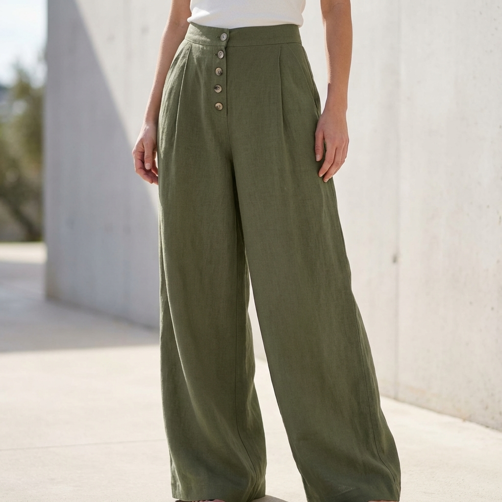 High-Waisted Wide-Leg Pants with Exposed Button Fly and Pleats