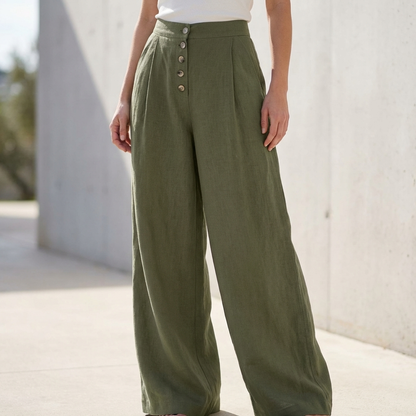 High-Waisted Wide-Leg Pants with Exposed Button Fly and Pleats