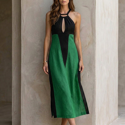 Colorblock Halter Midi Dress with Keyhole Neckline Detail