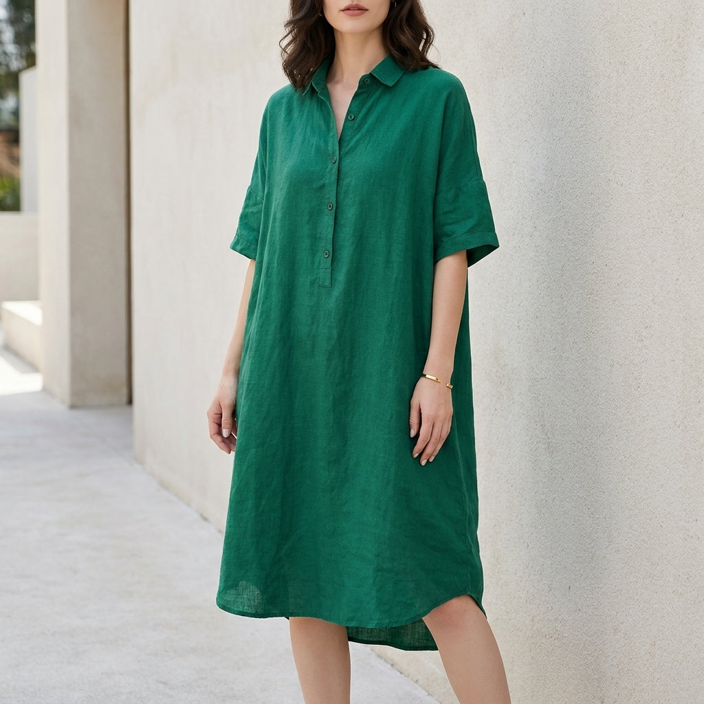 Relaxed Button-Front Midi Tunic Dress with Side Pockets