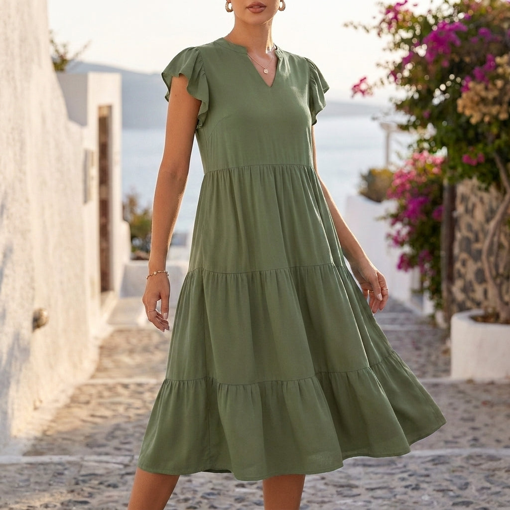 Tiered Flutter Sleeve Mini Dress with Notched Neckline