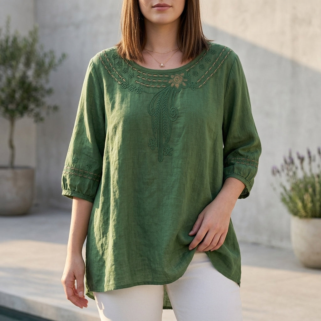 Bohemian-Inspired Relaxed Blouse with Eyelet Embroidery and 3/4 Sleeves
