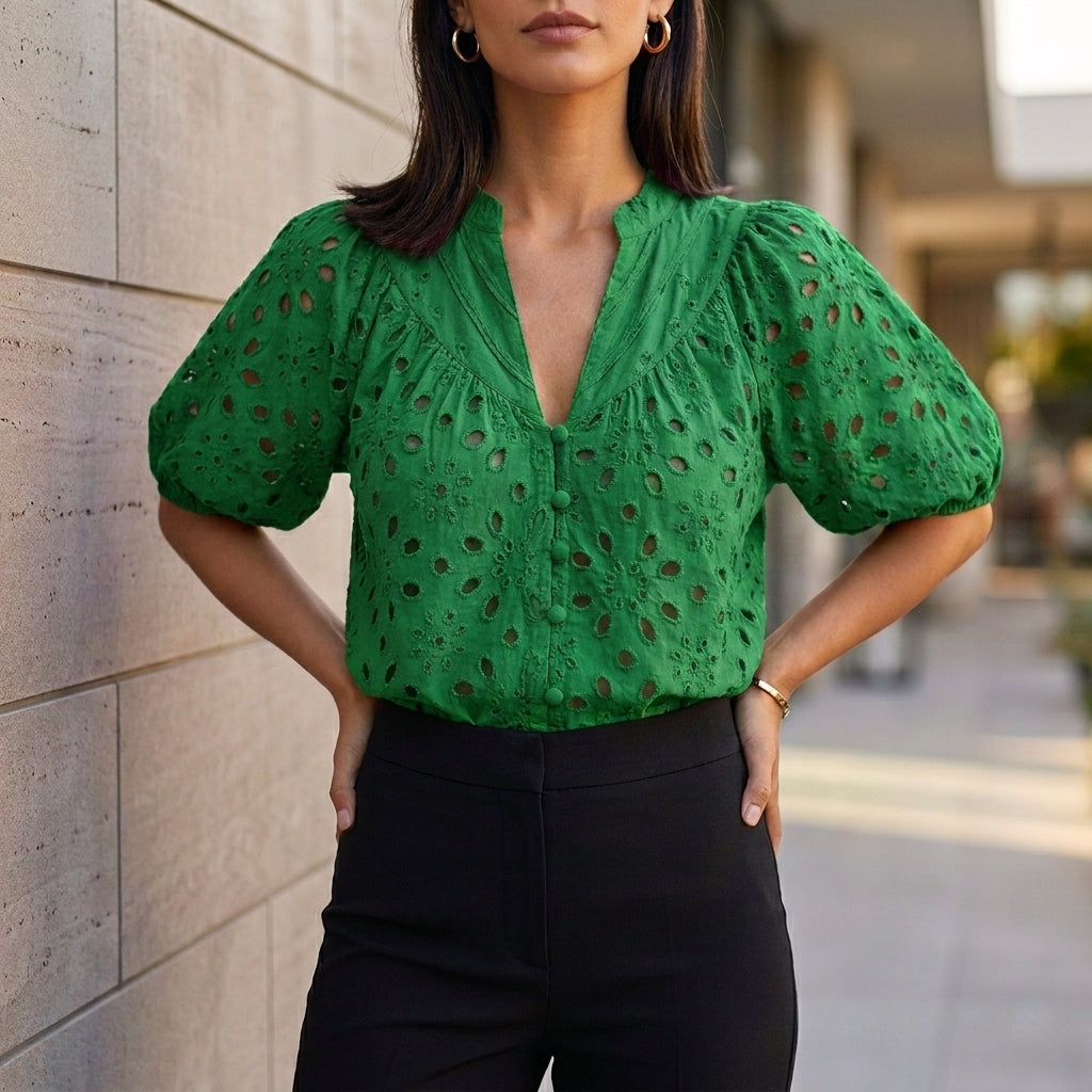 Embroidered V-Neck Blouse with Voluminous Lantern Sleeves and Eyelet Detail
