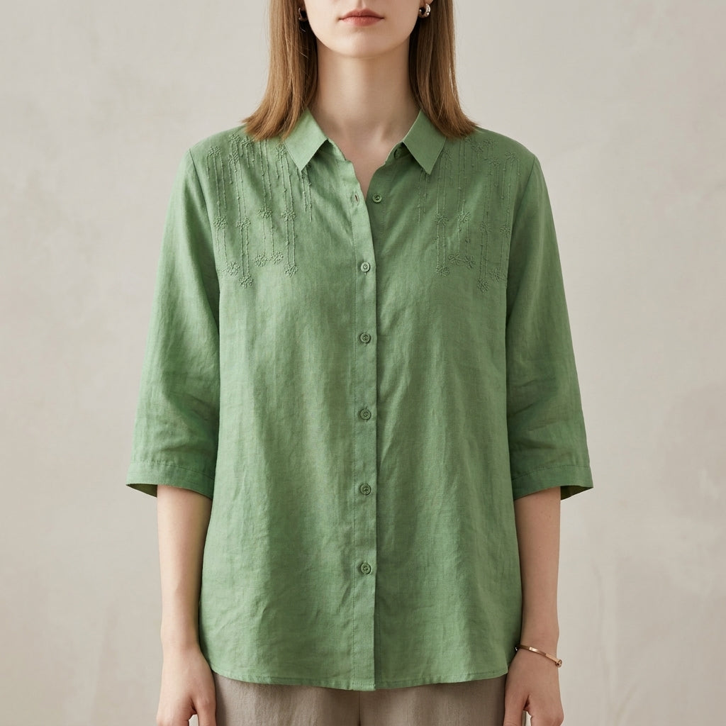 Relaxed Fit Button-Up Shirt with Tonal Floral Embroidery and Classic Collar