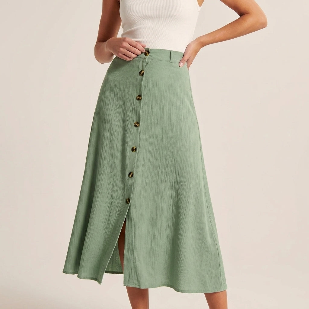 High-Waisted A-Line Maxi Skirt with Button-Front Detail