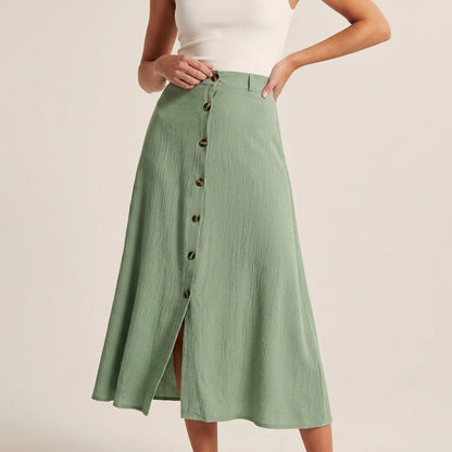High-Waisted A-Line Maxi Skirt with Button-Front Detail