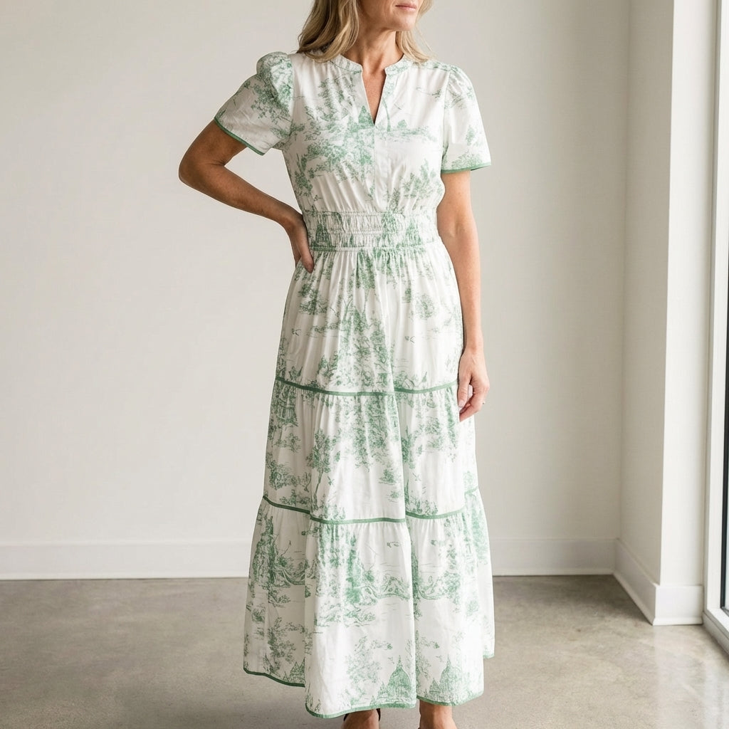 Camille Elegant Maxi Dress with Tiered Skirt and Puff Sleeves