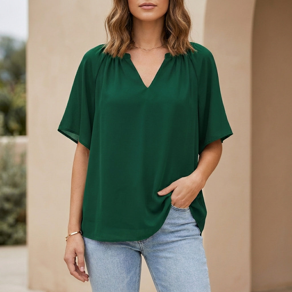 Relaxed V-Neck Blouse with Gathered Neckline and Flutter Sleeves