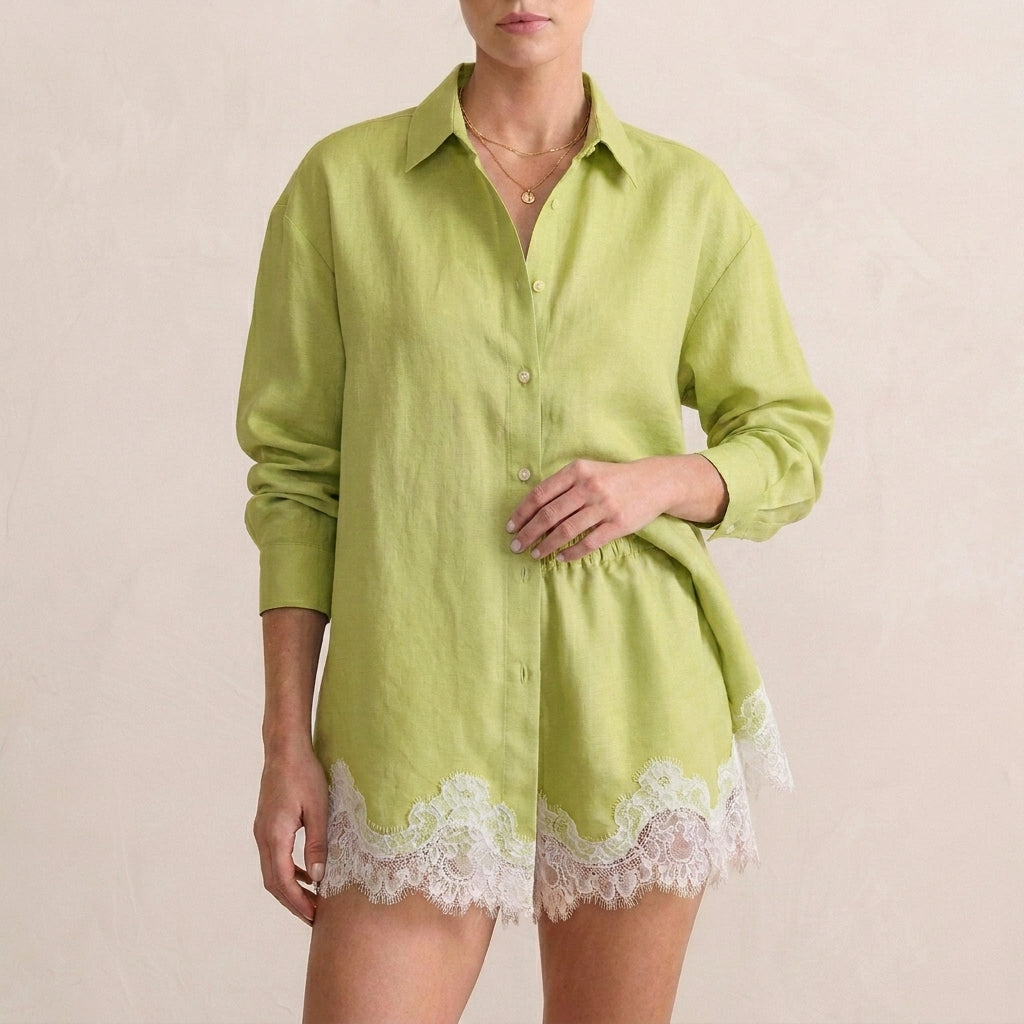 Relaxed Lace-Trimmed Two-Piece Shirt and Shorts Set with Classic Collar