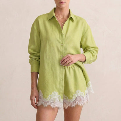 Relaxed Lace-Trimmed Two-Piece Shirt and Shorts Set with Classic Collar