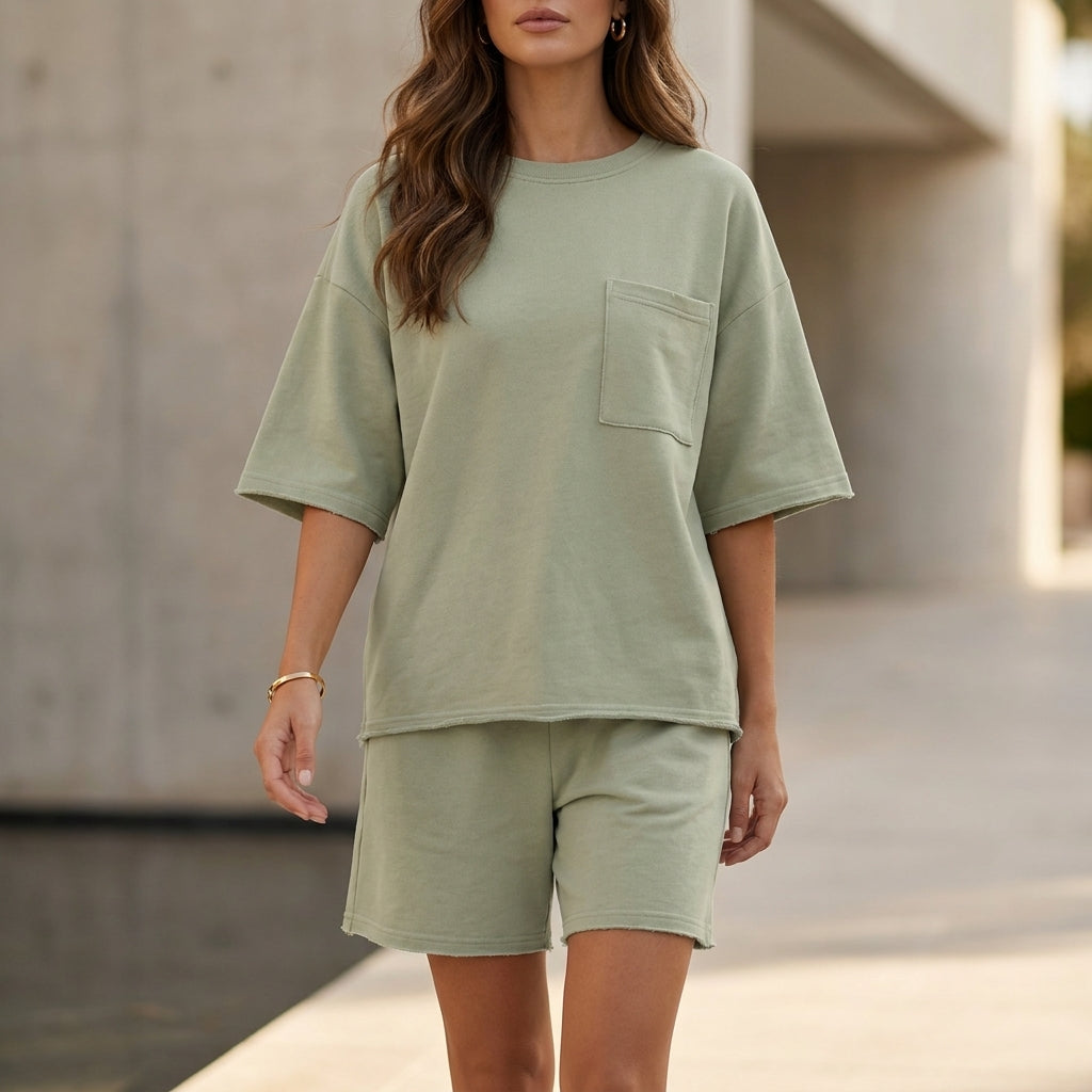 Oversized Relaxed Two-Piece Set with Chest Pocket and Wide-Leg Shorts