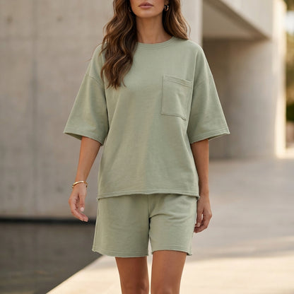 Oversized Relaxed Two-Piece Set with Chest Pocket and Wide-Leg Shorts