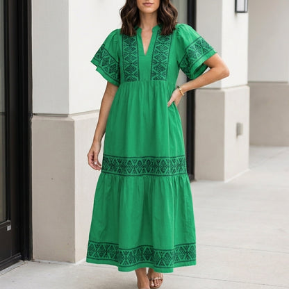 Bohemian Embroidered Tiered Midi Dress with Relaxed Silhouette
