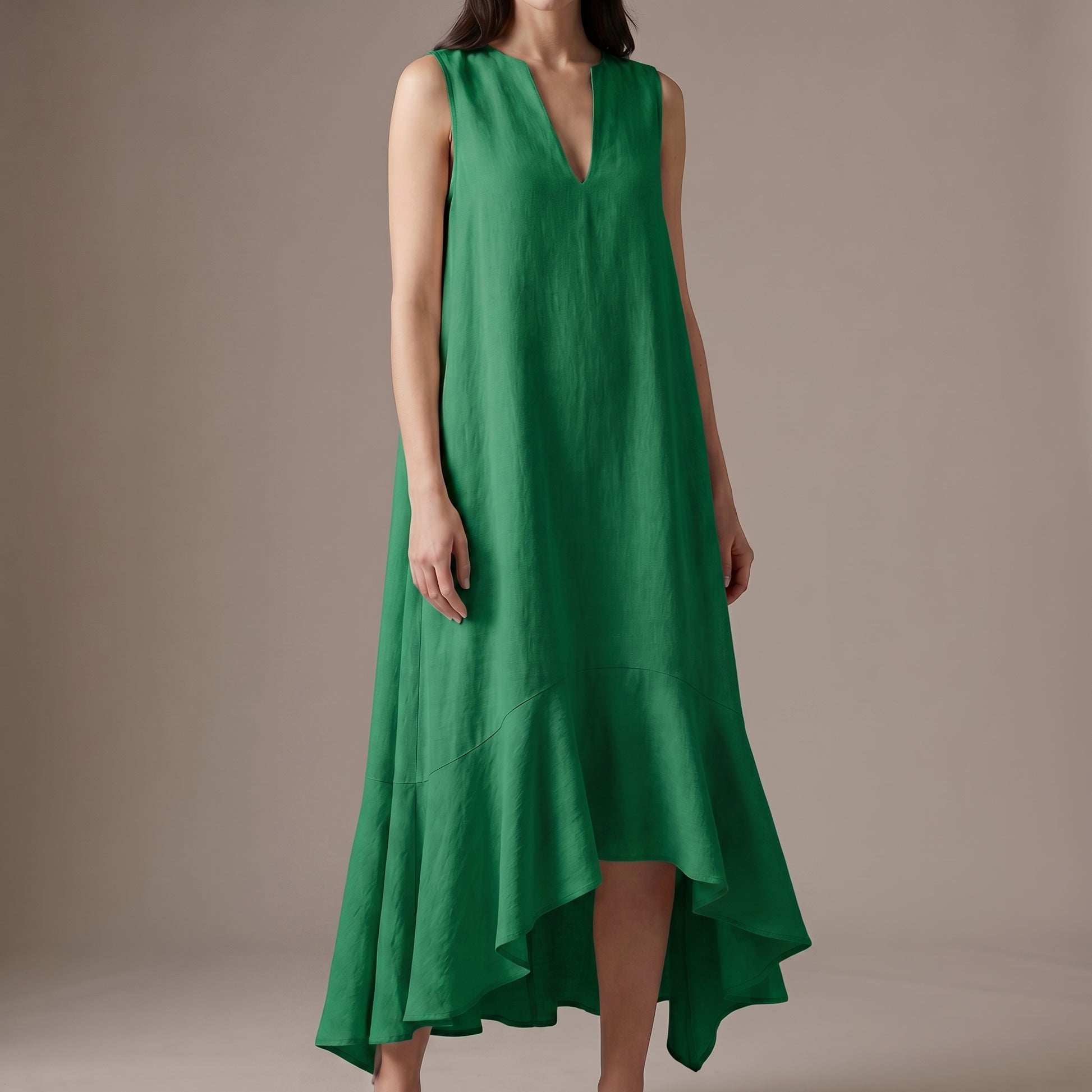 Flowing Sleeveless Maxi Dress with Draped Notched V-Neck and Asymmetric Ruffled Hem