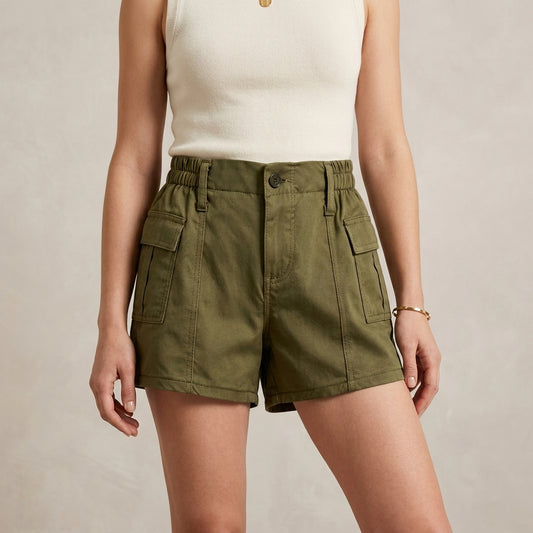 Slim-Fit High-Waisted Cargo Shorts with Structured Seam Detailing