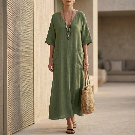 Oversized V-Neck Kaftan Dress with Patch Pockets