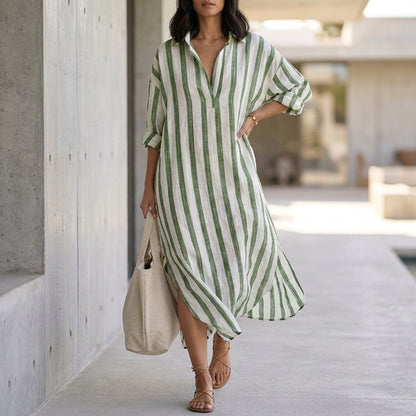 Relaxed Maxi Shirt Dress with Vertical Stripes and Classic Collar