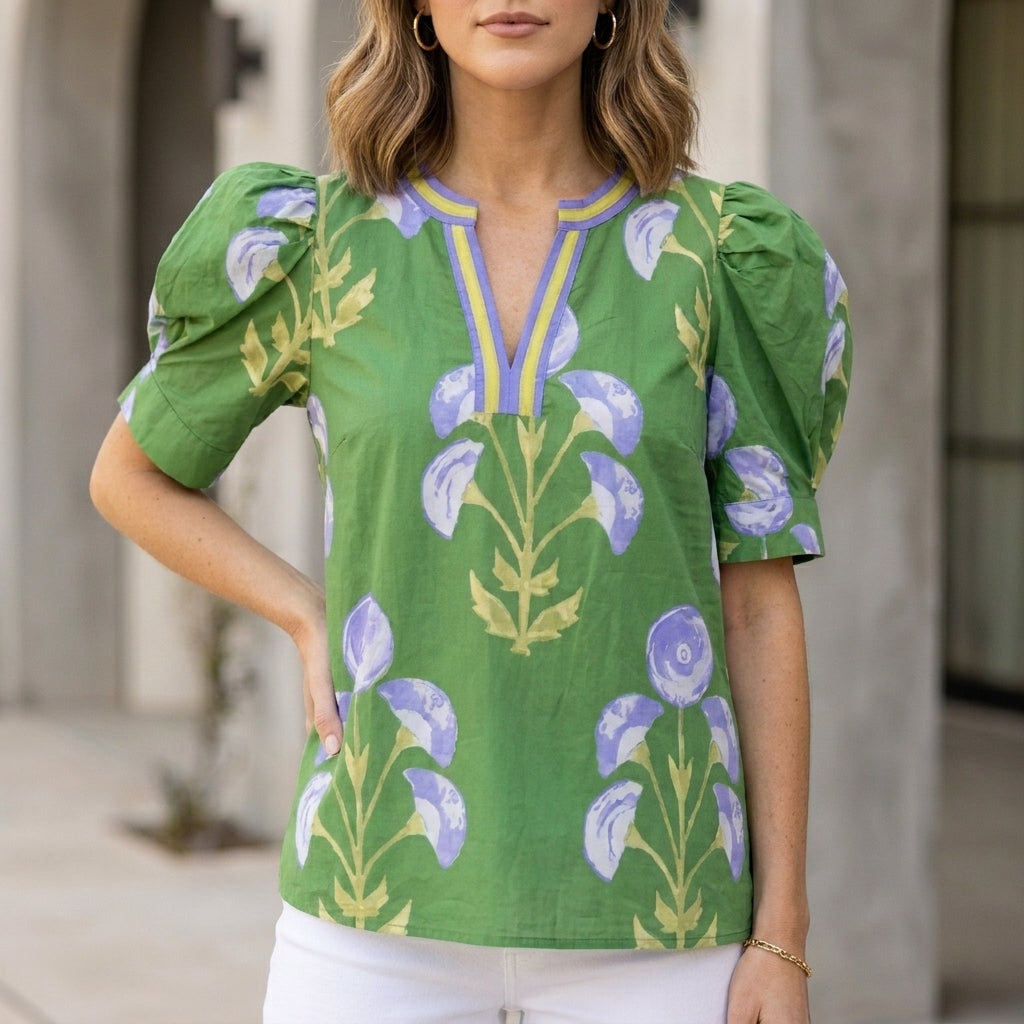 Structured Woven V-Neck Blouse with Botanical Print and Puff Sleeves