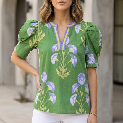 Structured Woven V-Neck Blouse with Botanical Print and Puff Sleeves