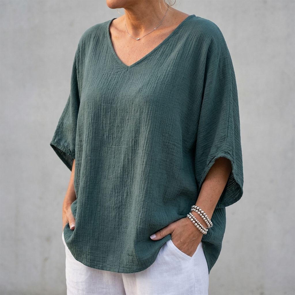 Oversized V-Neck Batwing Top with Textured Lightweight Weave