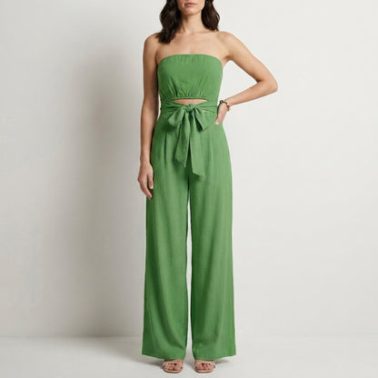 Strapless Wide-Leg Jumpsuit with Waist Tie
