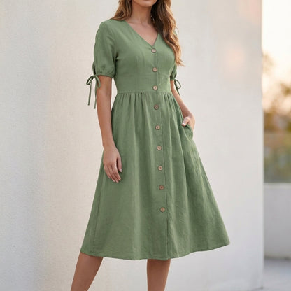 Structured Woven A-Line Midi Dress with V-Neck and Adjustable Sleeves