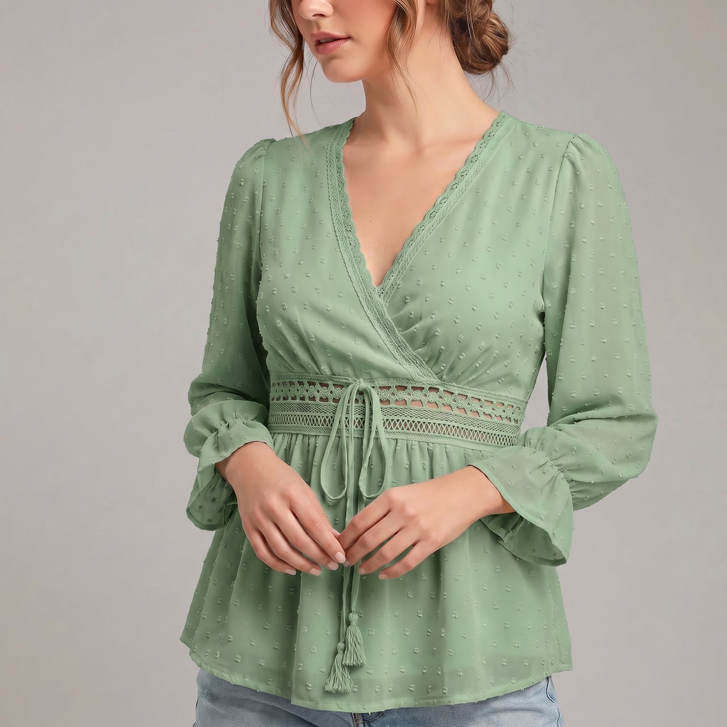 Romantic V-Neck Wrap Blouse with Lace Detailing and Ruffled Sleeves