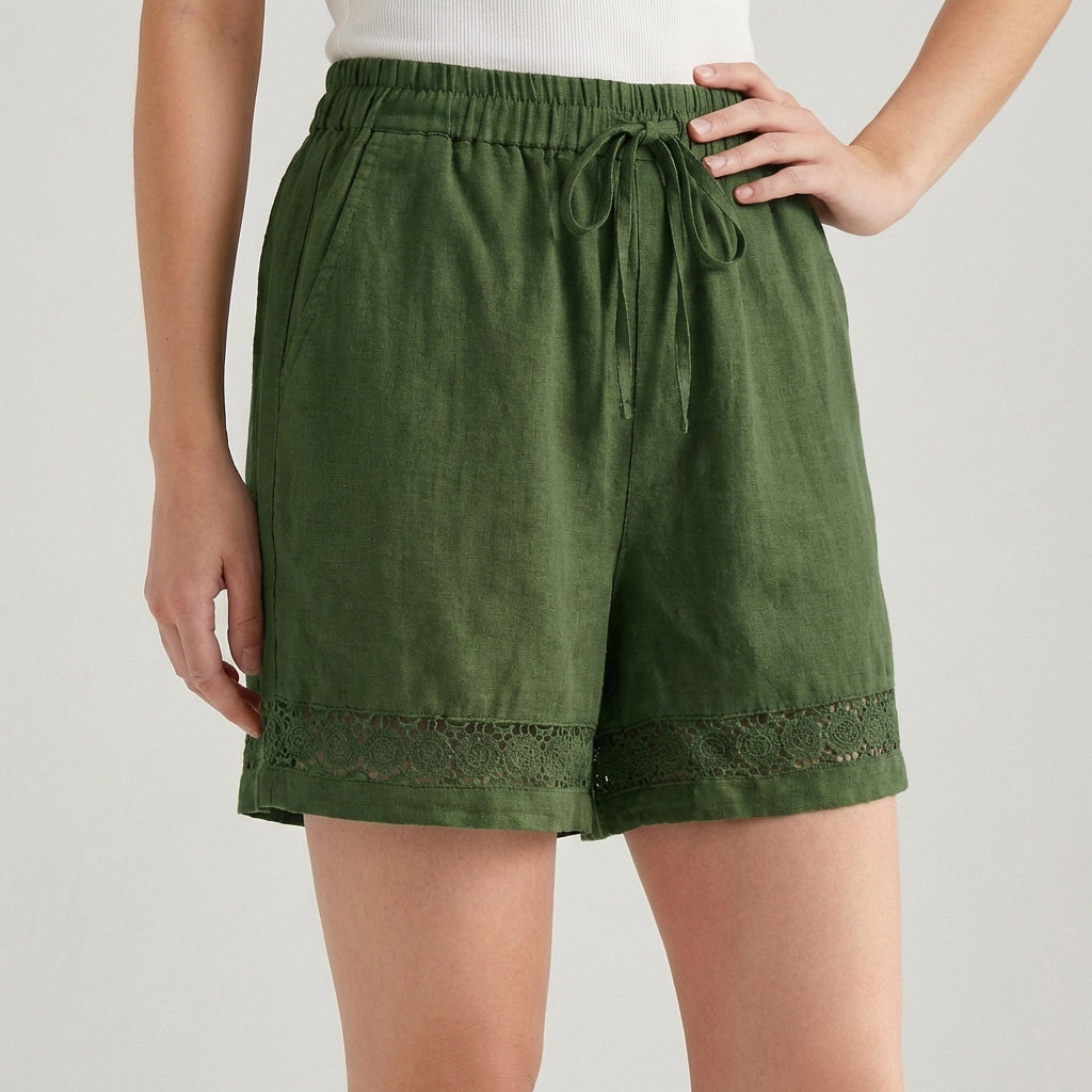 Wide-Leg Mini Shorts with Delicate Lace Hem and Drawstring Waist