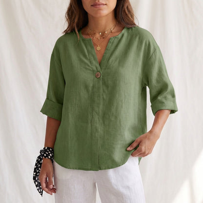 Cotton Linen V-Neck Blouse with Button Front and Cuffed Sleeves