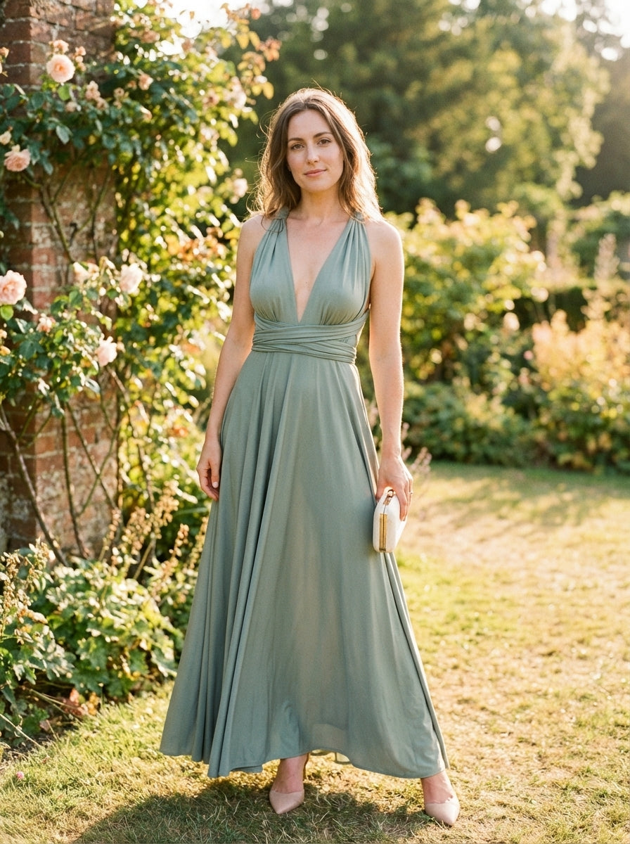 Versatile Multiway Knit Maxi Dress with Wrapped Bodice and Flowing Silhouette