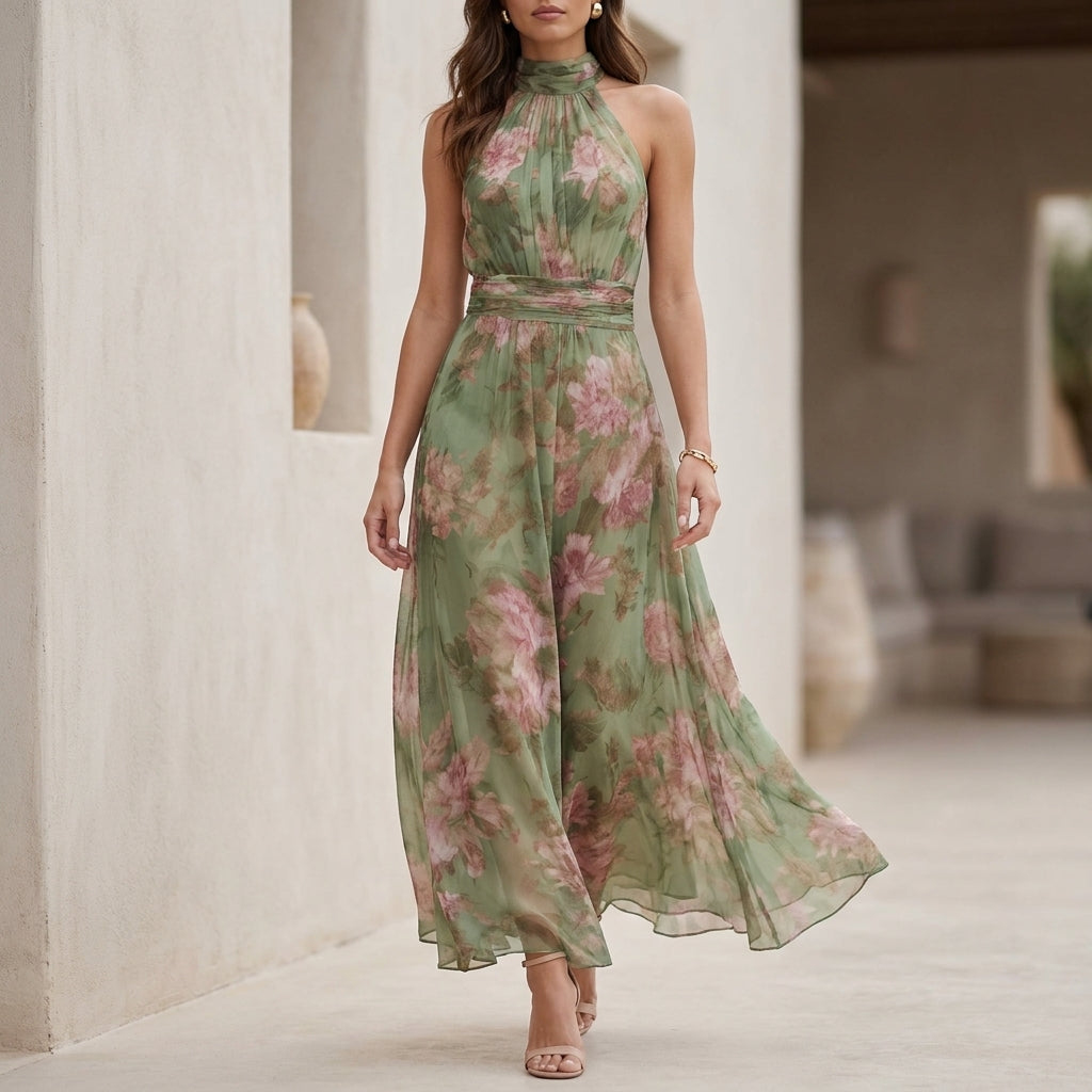Ethereal Halter-Neck Maxi Dress with Pleated Bodice and Flowing Silhouette