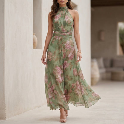 Ethereal Halter-Neck Maxi Dress with Pleated Bodice and Flowing Silhouette