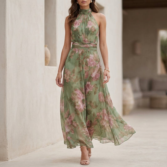 Ethereal Halter-Neck Maxi Dress with Pleated Bodice and Flowing Silhouette