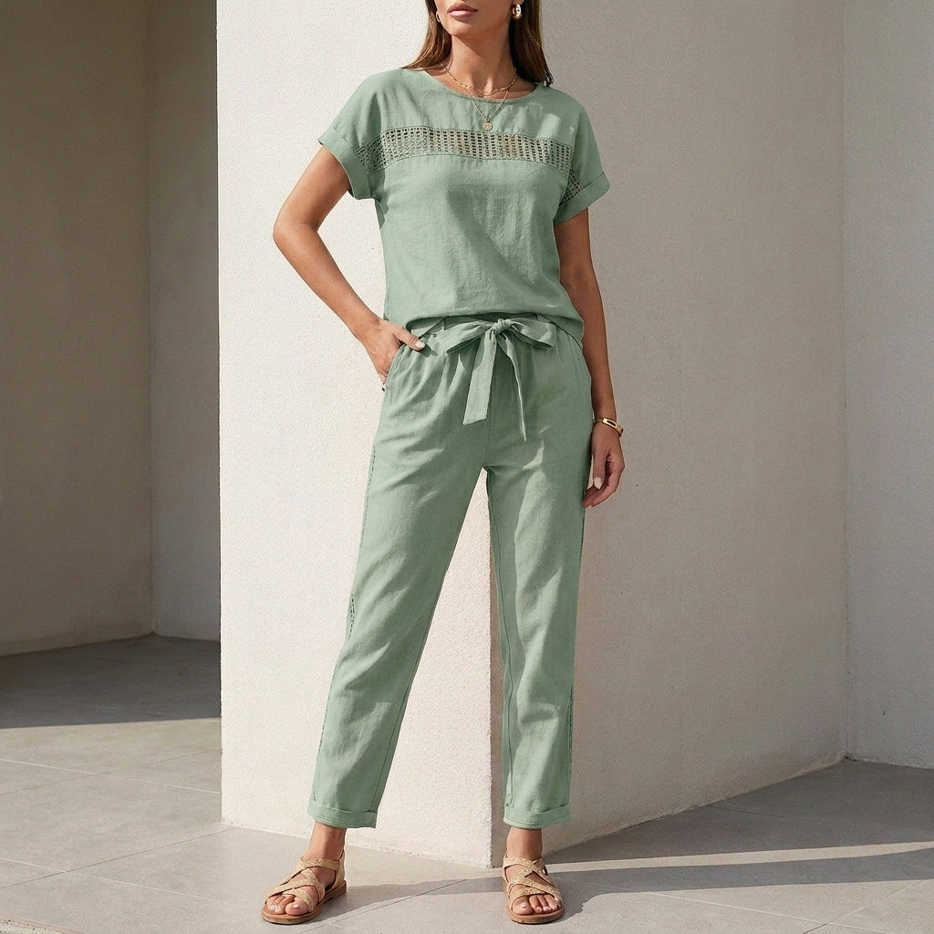 Lightweight Woven Two-Piece Set with Mesh Accents and Self-Tie Waist