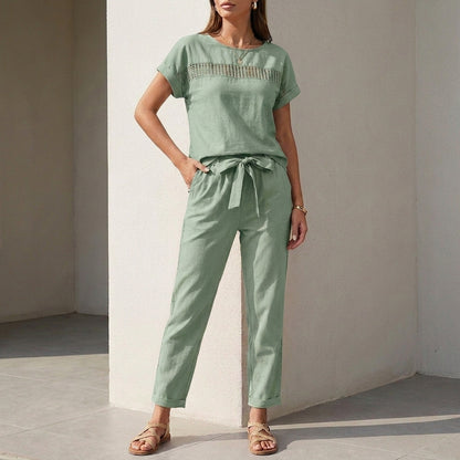 Lightweight Woven Two-Piece Set with Mesh Accents and Self-Tie Waist