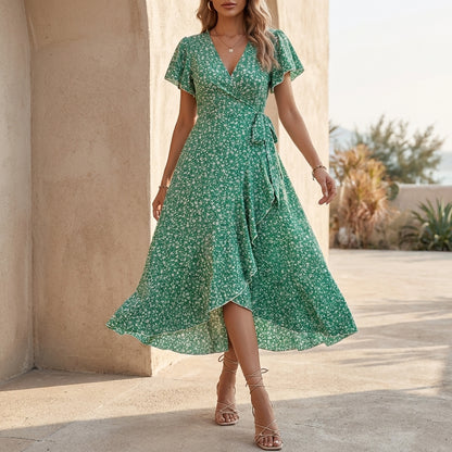 Bohemian Wrap Maxi Dress with Tiered Ruffles and Flutter Sleeves