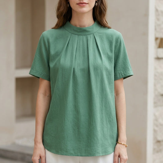 Minimalist Tie-Back Blouse with Soft Pleated Neckline